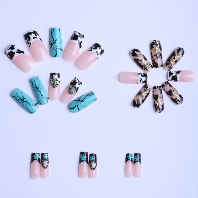 48 Pcs Turquoise Cow Print Gem Coffin Press on Nails, Western Trendy Fake Nails