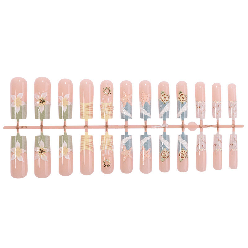 48 Pcs Ocean Turtle Press on Nails, Long Square 3D Starfish Art Fake Nails