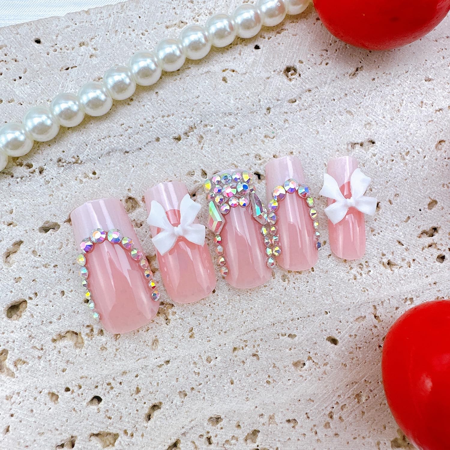 24Pcs White French Tip Press on Nails Long Coffin Fake Nails with 3D Bow Rhin…
