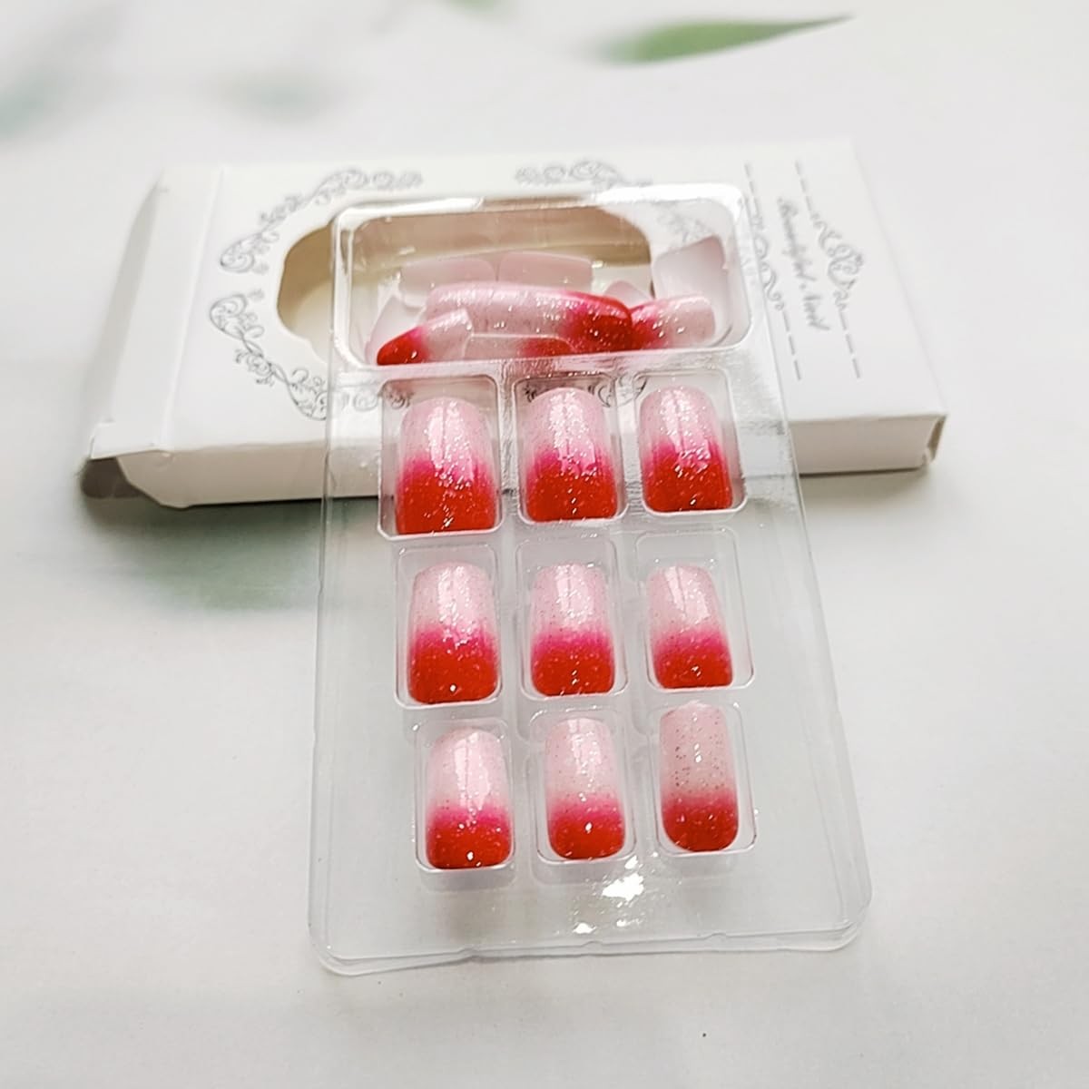24Pcs Red Ombre Press on Nails Short Square QUNQINLI Spring short, Ombre3