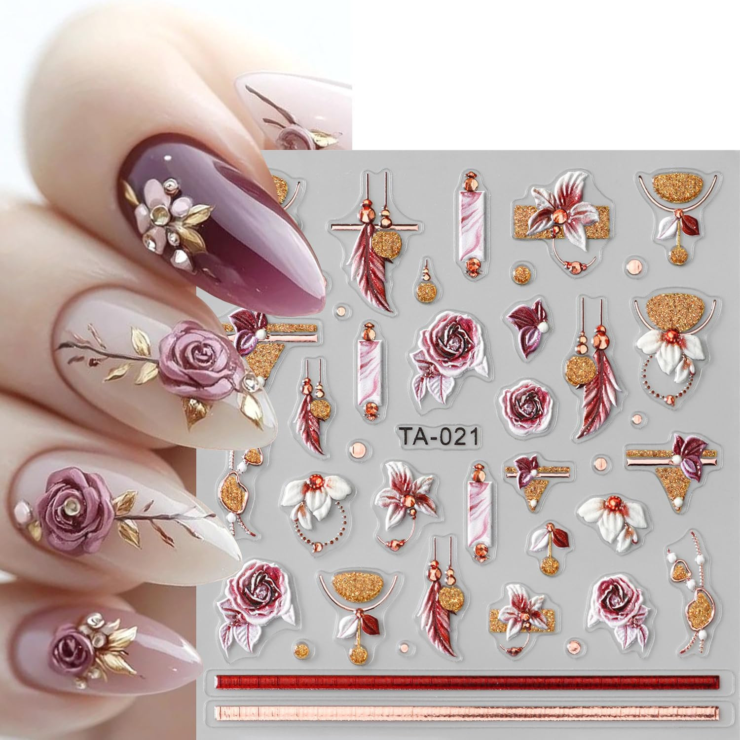 2Sheets 5D Embossed Flower Nail Art Stickers Self-Adhesive Smudge Rose Flowers F