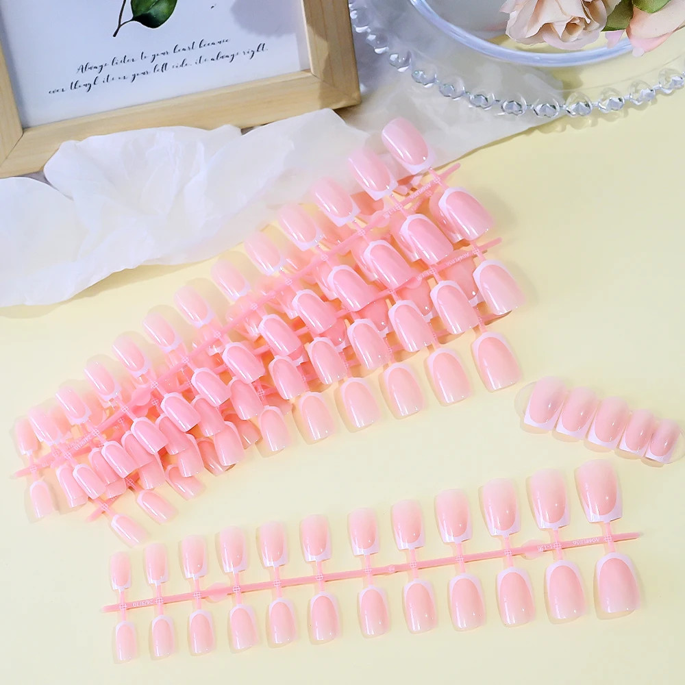 120Pcs Short Square Coffin French Fake Nails Glossy Pink Full Cover Press on