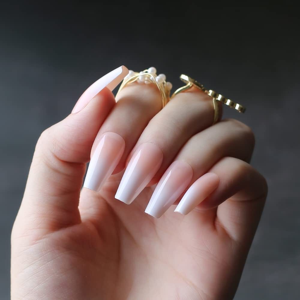 Natural Nude Pink Ombre Press On Nails Extra Long Coffin Ballerina Fake Nails