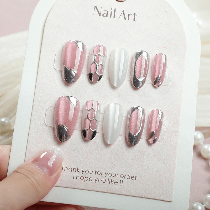 60pcs Almond Press on Nails, Pink White Nails with Silver French Tip Pattern