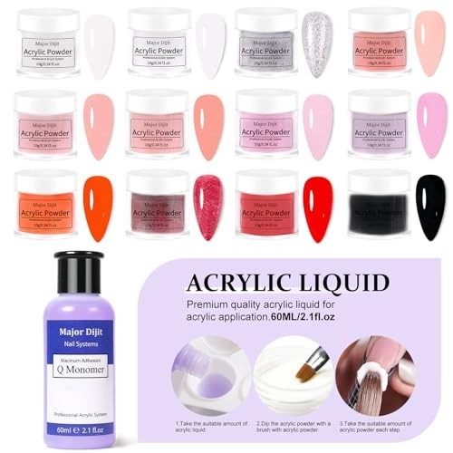 Major Dijit Acrylic Nail Starter Kit with LED Lamp, 12 Colors, Drill