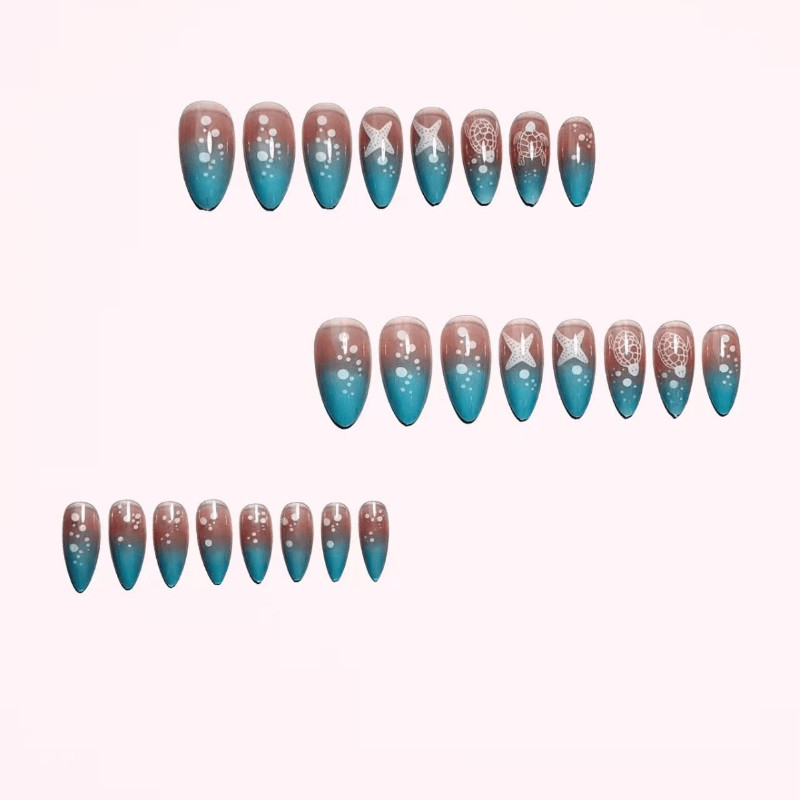 48Pcs Medium Almond Nails, Pink Blue Gradient, Turtle Starfish Pattern