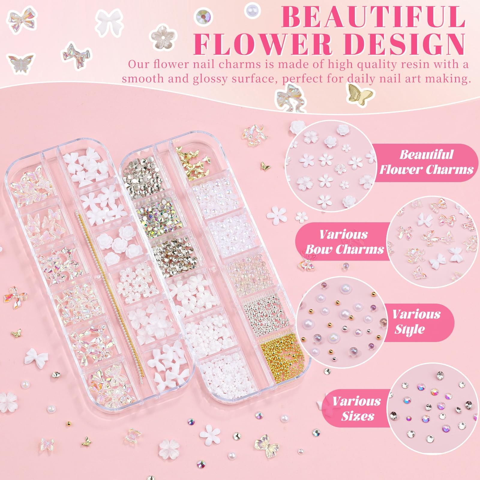 2 Boxes Assorted Nail Charms and Gems, White Flower Nail Charms Aurora Bow Me…