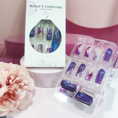 Purple Curve Line Press on Nails Glossy Red Gradient Stick on Purple Starry Sky
