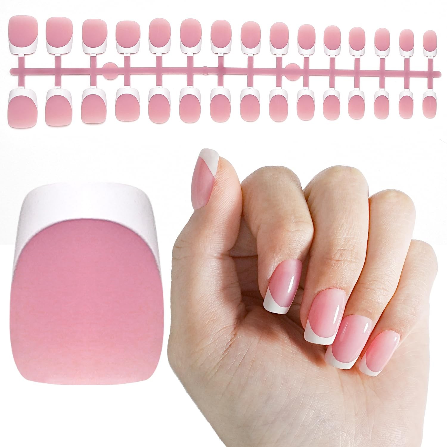 French Tip Press On Nails – 15 Sizes Pink Short Round French Tips,Soft Gel Na…