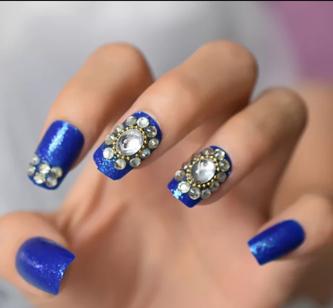 24 Blue Bling Press on nails kit Gems rhinestones square shimmer glue on