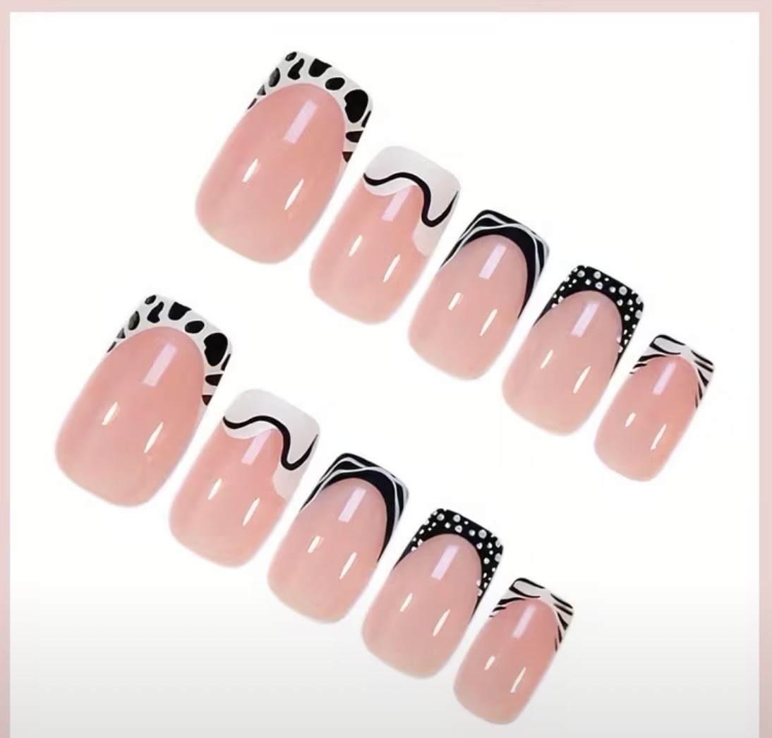 Pink Black White Geometric French Square Medium Press-On Nails Full Cover