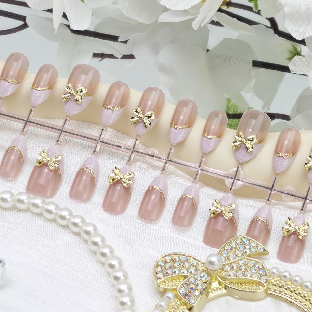 30Pcs White French Tip Press on Nails Medium Almond Fake Nails with 3D Gold B…