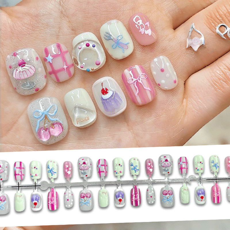 60 Pcs Cake Cherry Bow Short Square Press on Nails, Sweet Cute Daily Fake Nails