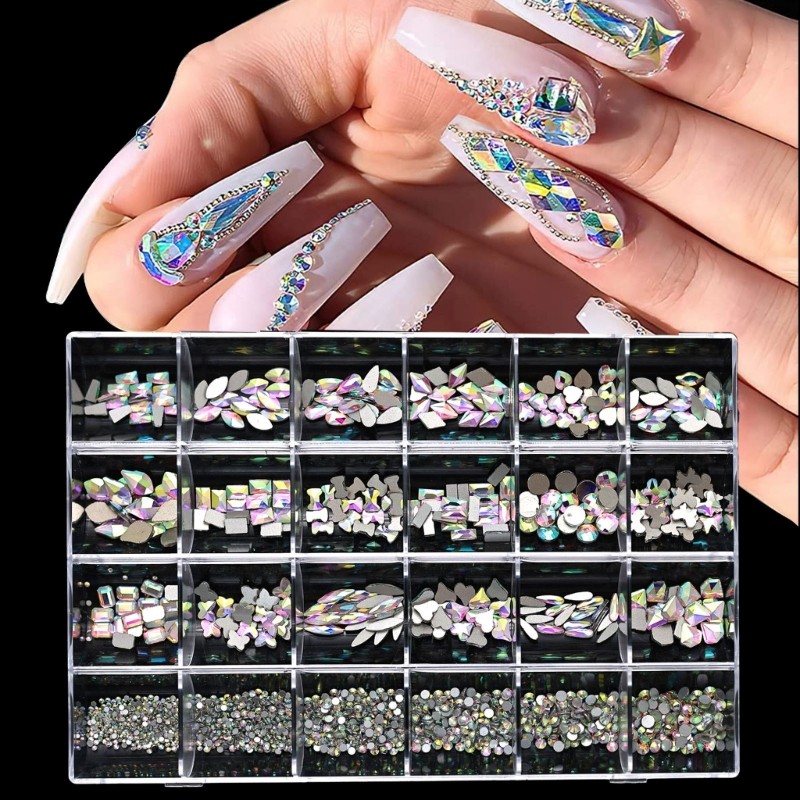 24 Grids Nail Charms Glass AB Rhinestones Nail Art Rhinestones for Nail Salon