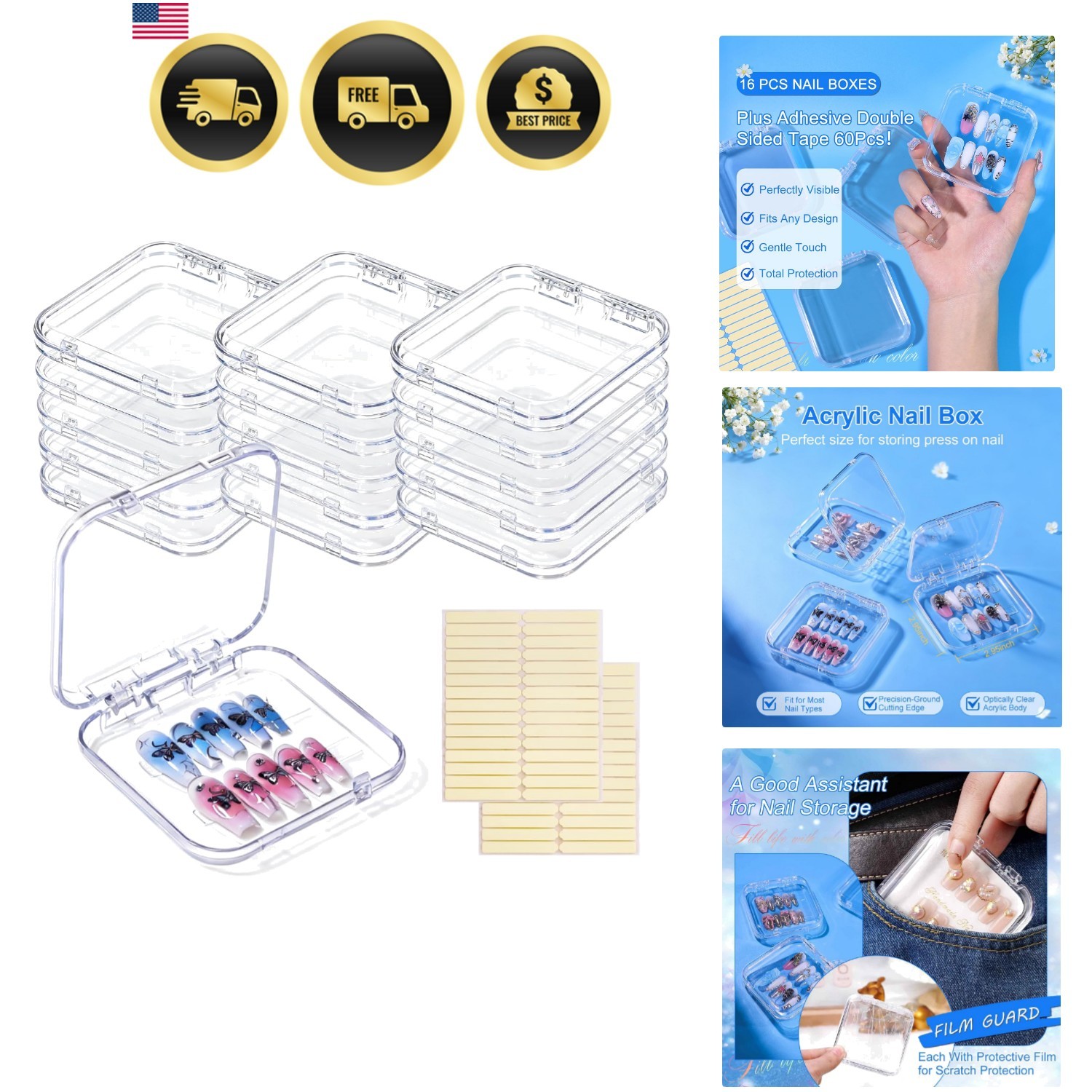 16 Pcs Acrylic Press on Nail Storage Box with Adhesive Double Sided Tape, Pre…