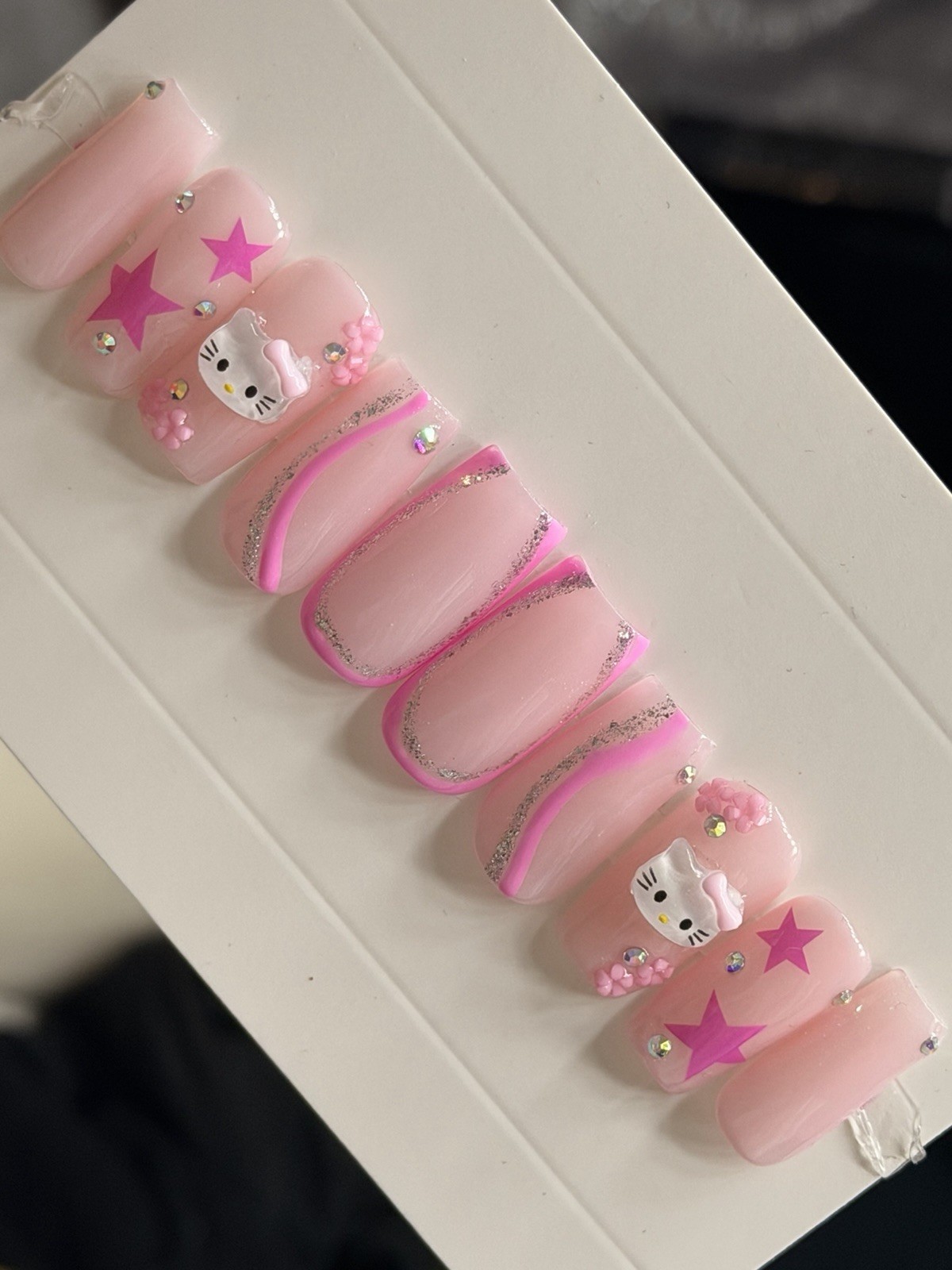 ✨ CUSTOM Press On Nails Nude PINK HELLO KITTY BLING 10p SET W Kit