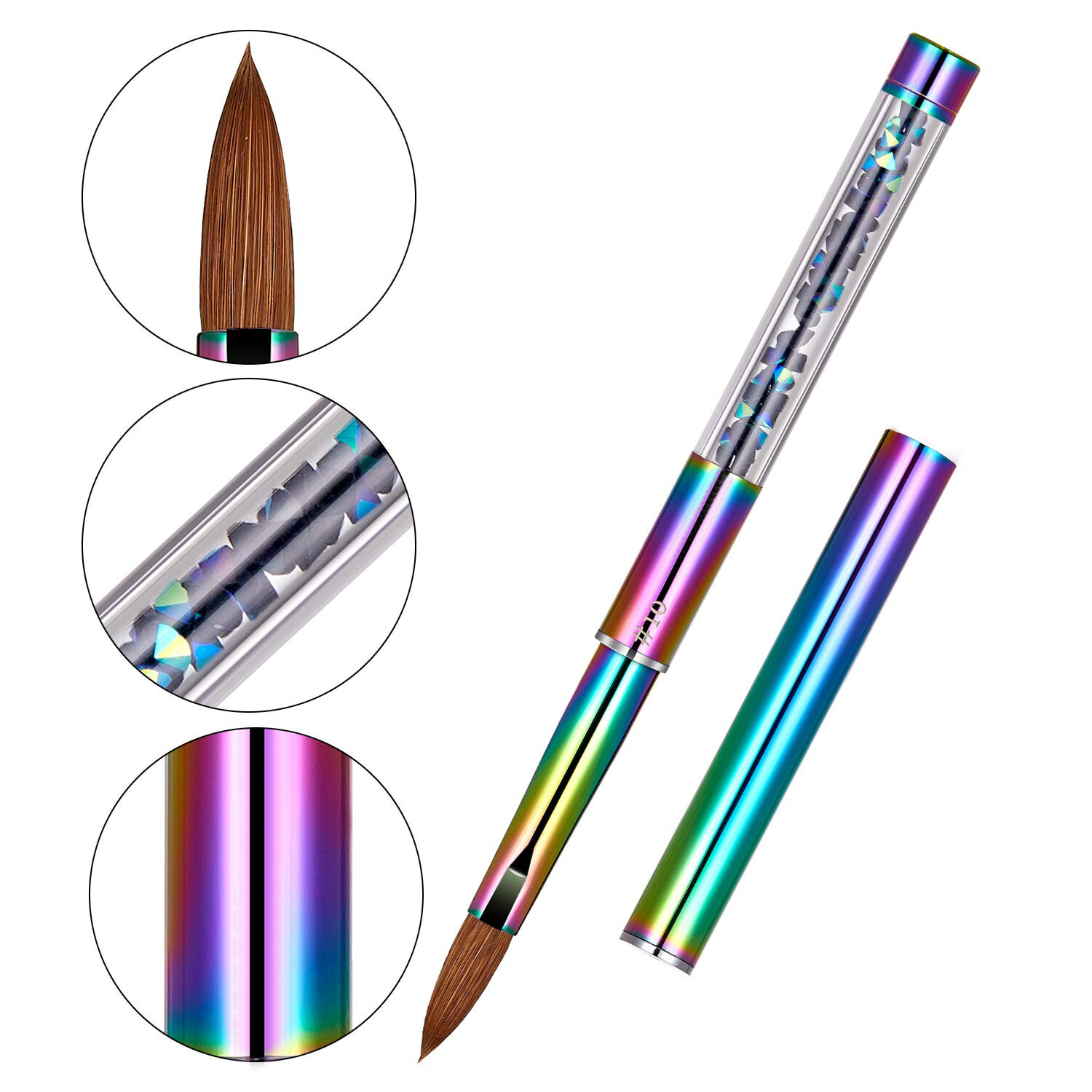 100% Kolinsky Acrylic Nail Brush With Cap Rainbow Crystal Handle 6-14 (CRIMPED)