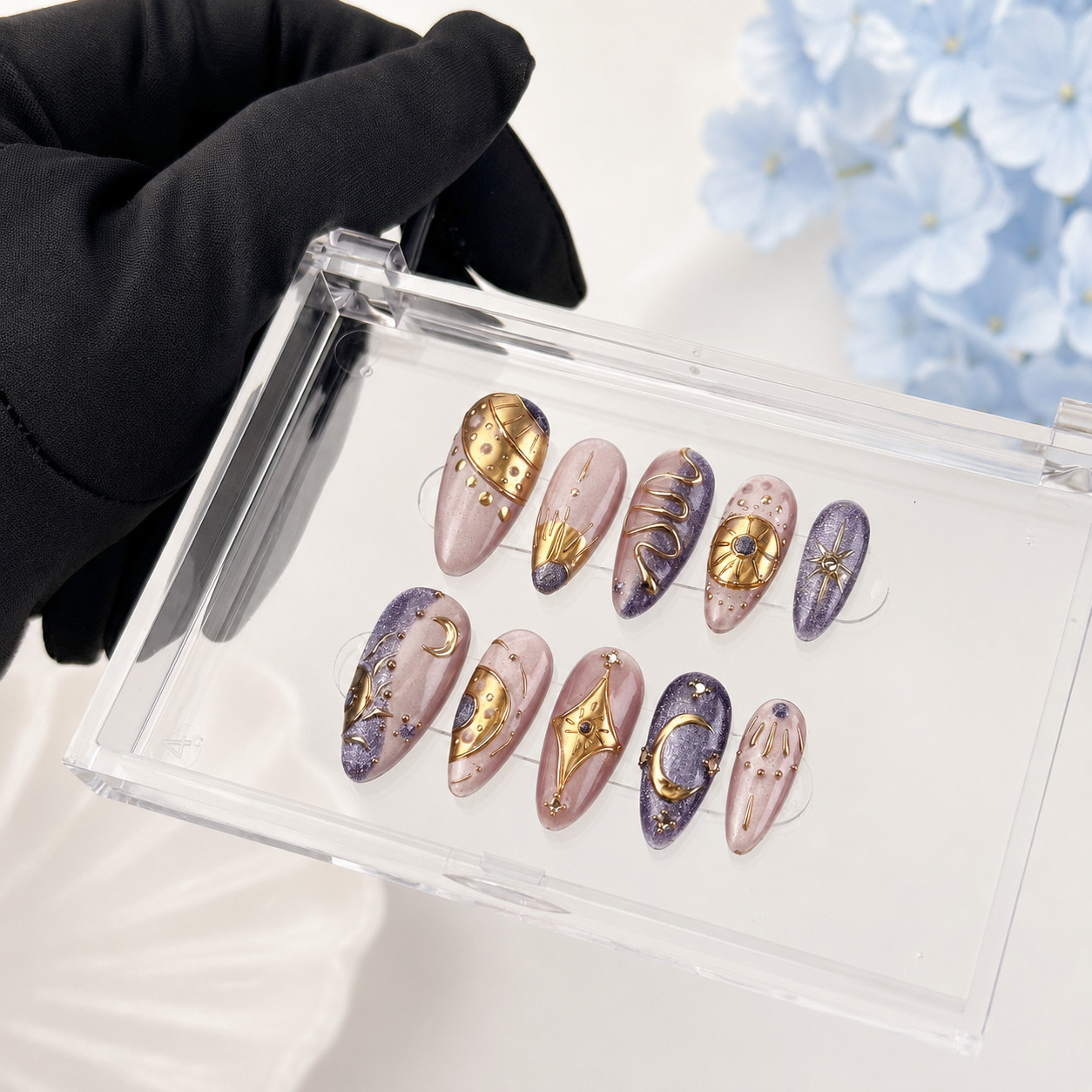 Press On Nails Medium Almond Celestial Moon Star Gold Purple Rhinestone Nail Set