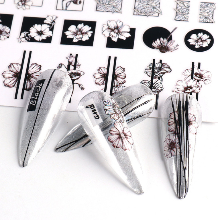 Nail Art Decoration Black White Flower Nail Decals Self Adhesive stickers NS3