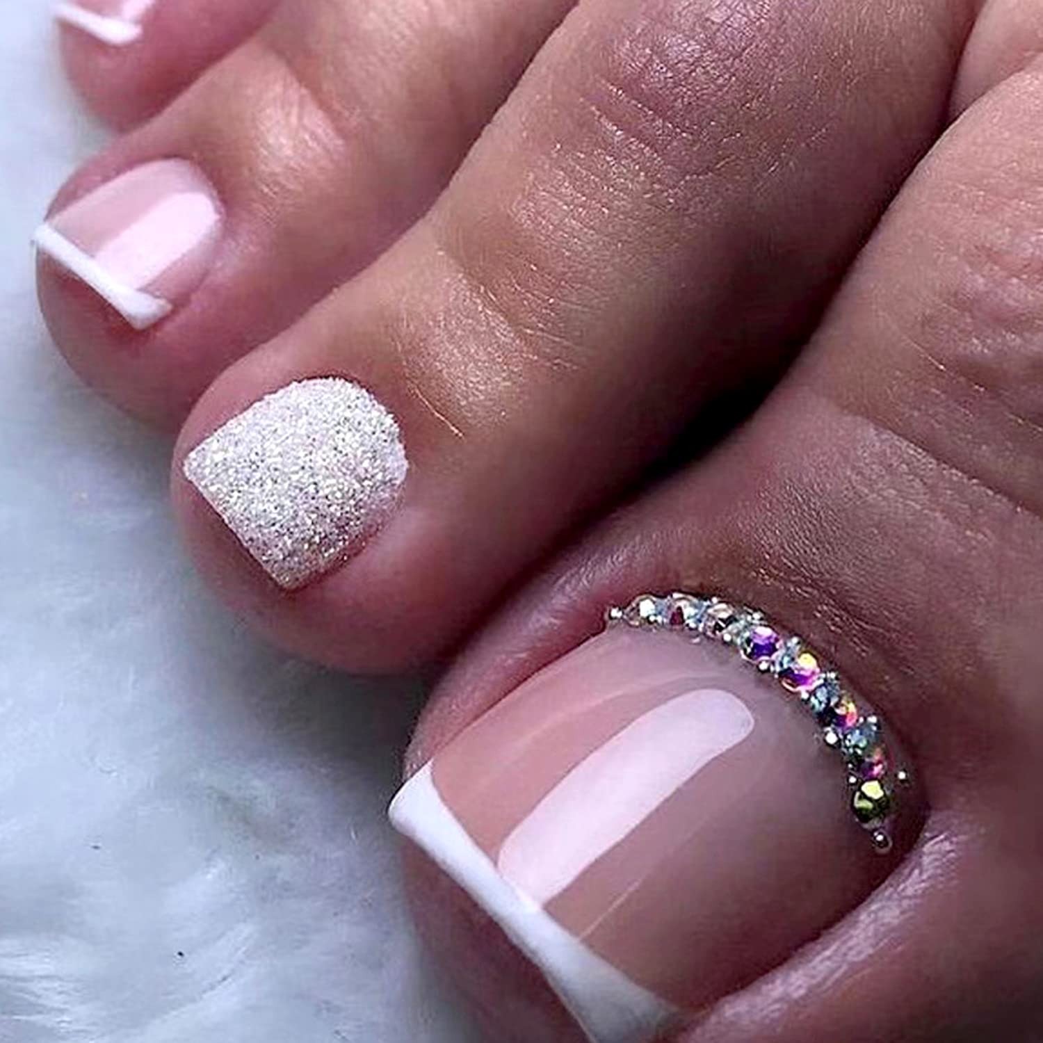 French Tips Press on Toenails,Square White Tips False Toe Nails Glitter Rhine…