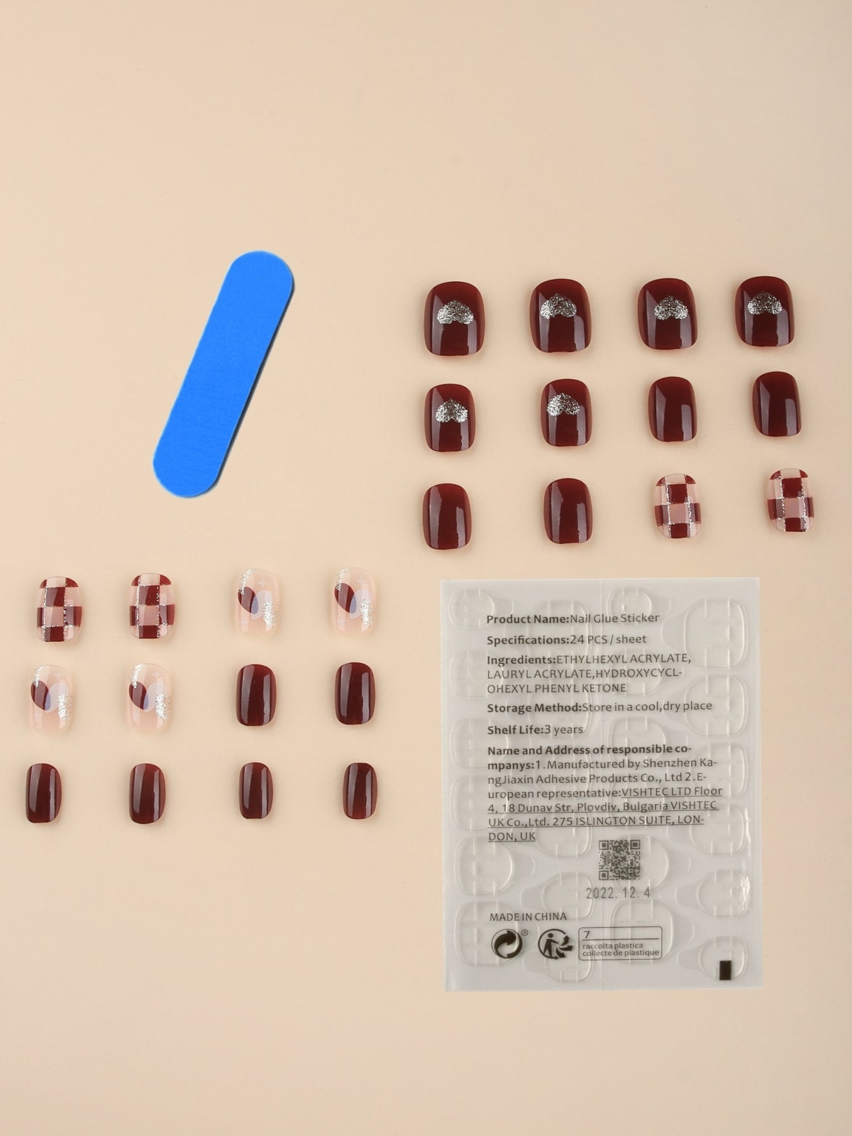24pcs Short Dark Red Plaid Fake Nail Press On Nails False Nails Glue On Nails