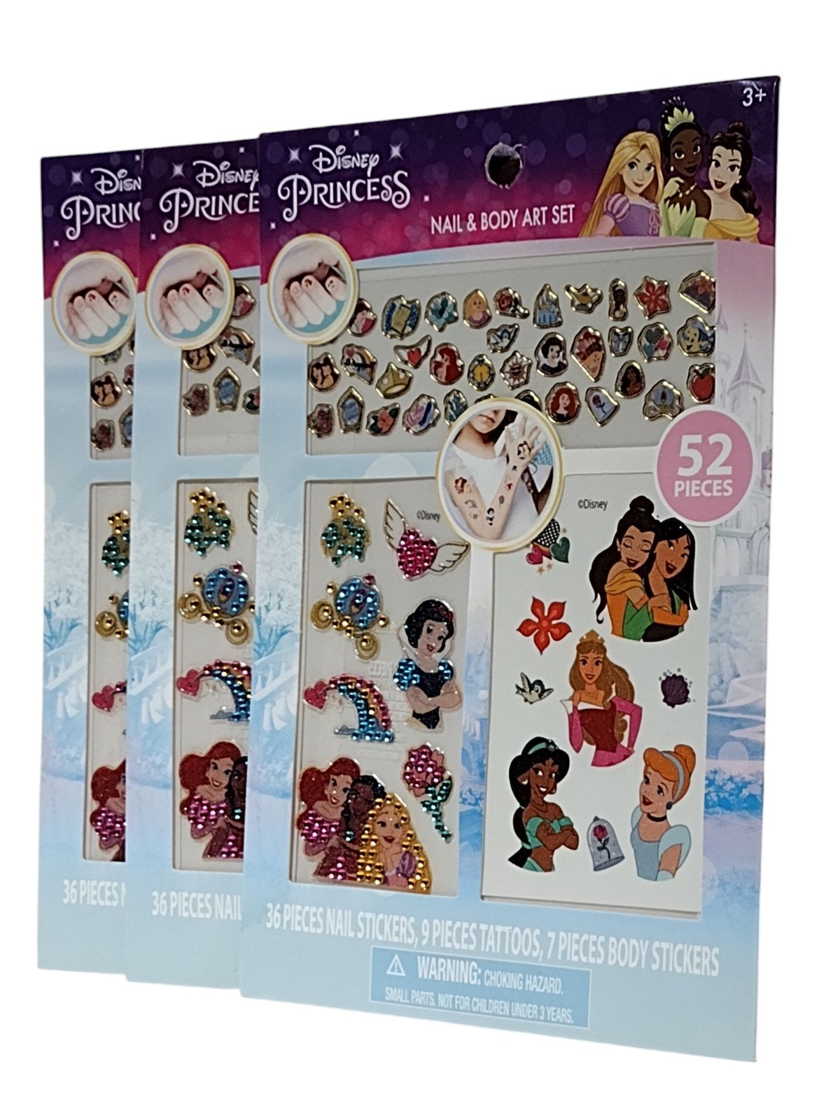 3 Disney Princess Kids Cartoon NAIL BODY STICKER ART SET Temporary Tattoos Decal