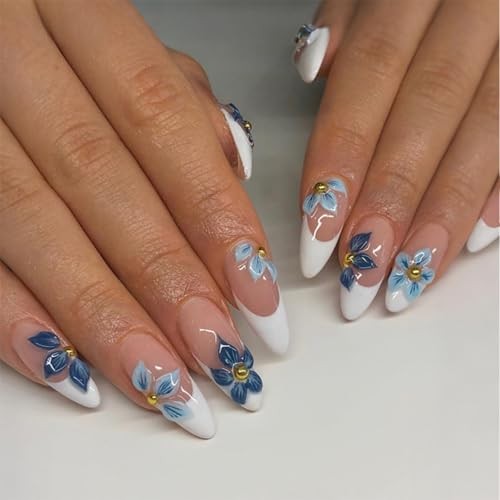 White French Tip Fake Nails with Gold Design – Blue Flower