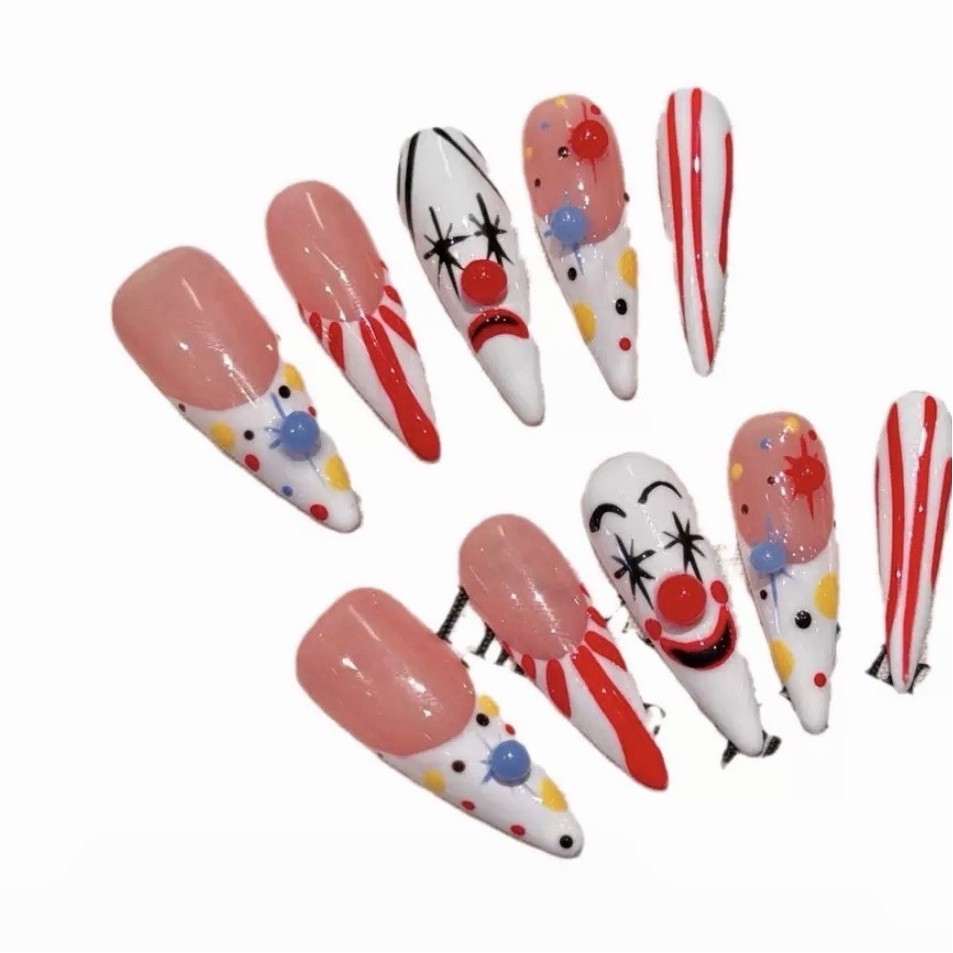 Reusable Set of Multicolor Clown Theme Long Stiletto Press-On Nails Full Cover
