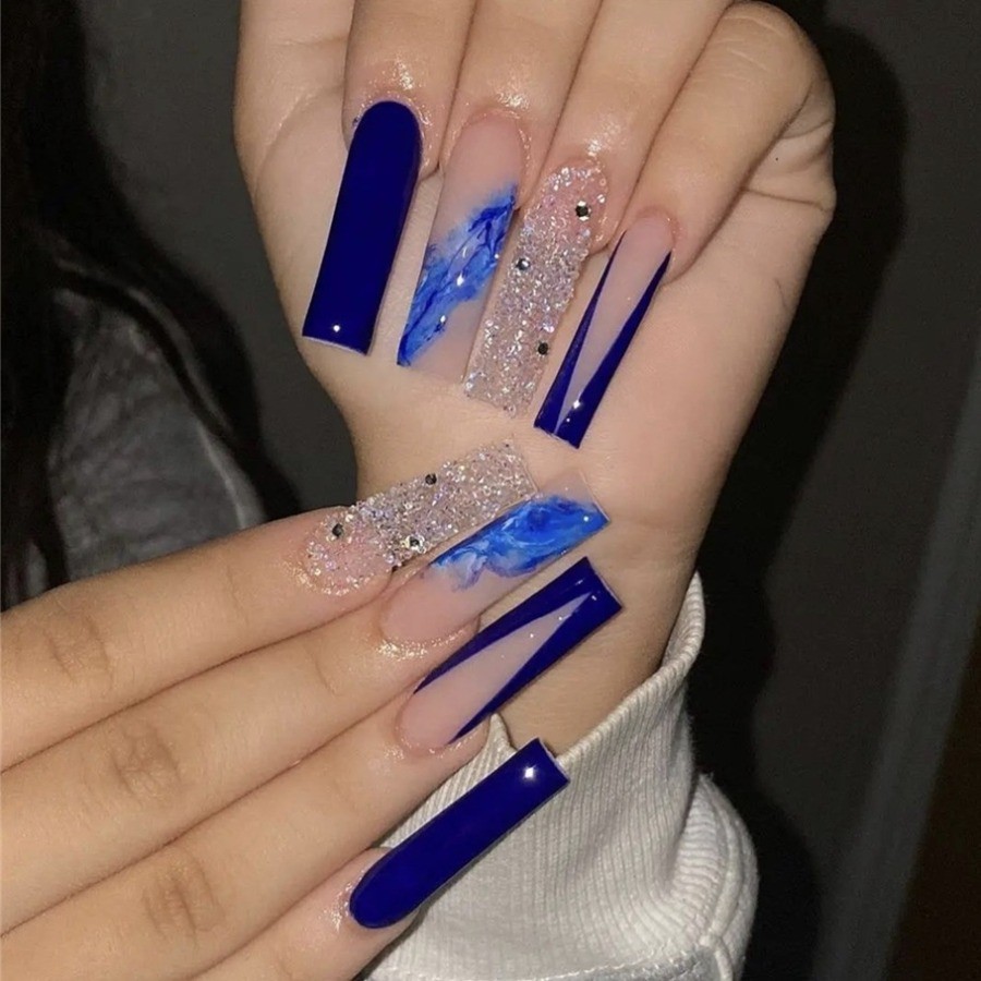 48Pcs Blue Marble Glitter French Coffin Press on Nails, Bright Trendy Fake Nails