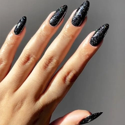 UV Press on Nails Medium Almond Shape, Fake Nails with Sparkly Designs, Glossy