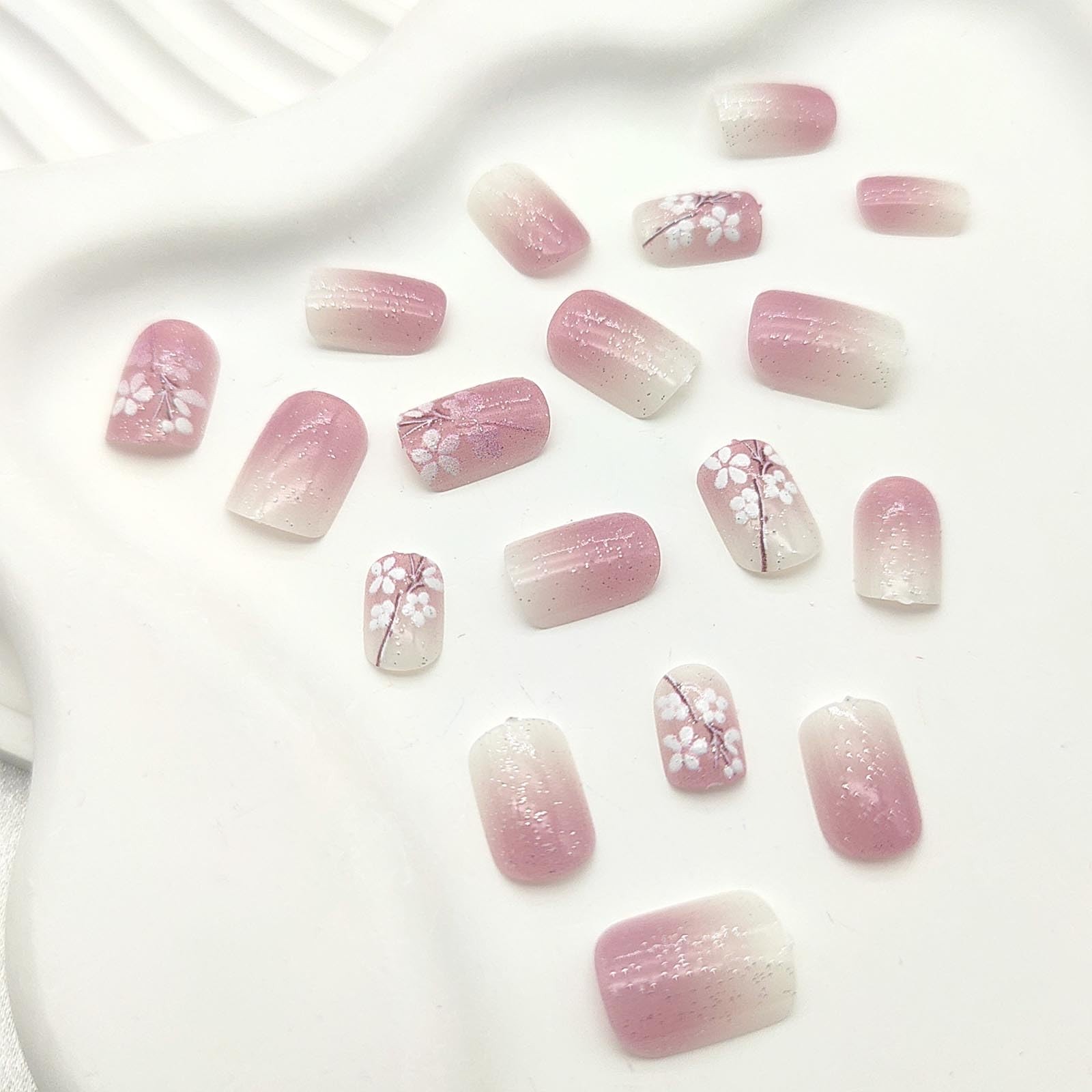 Gradient Press on Nails Short Square Fake Nails with Glitter Ombre Flower Flo…