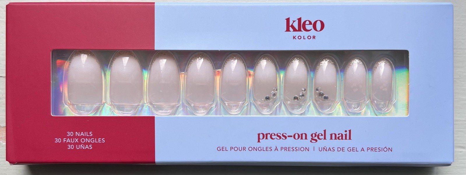 New Kleo Kolor Press-On Gel Nails 30-Pack~Diamant Jeweled French Almond Shape