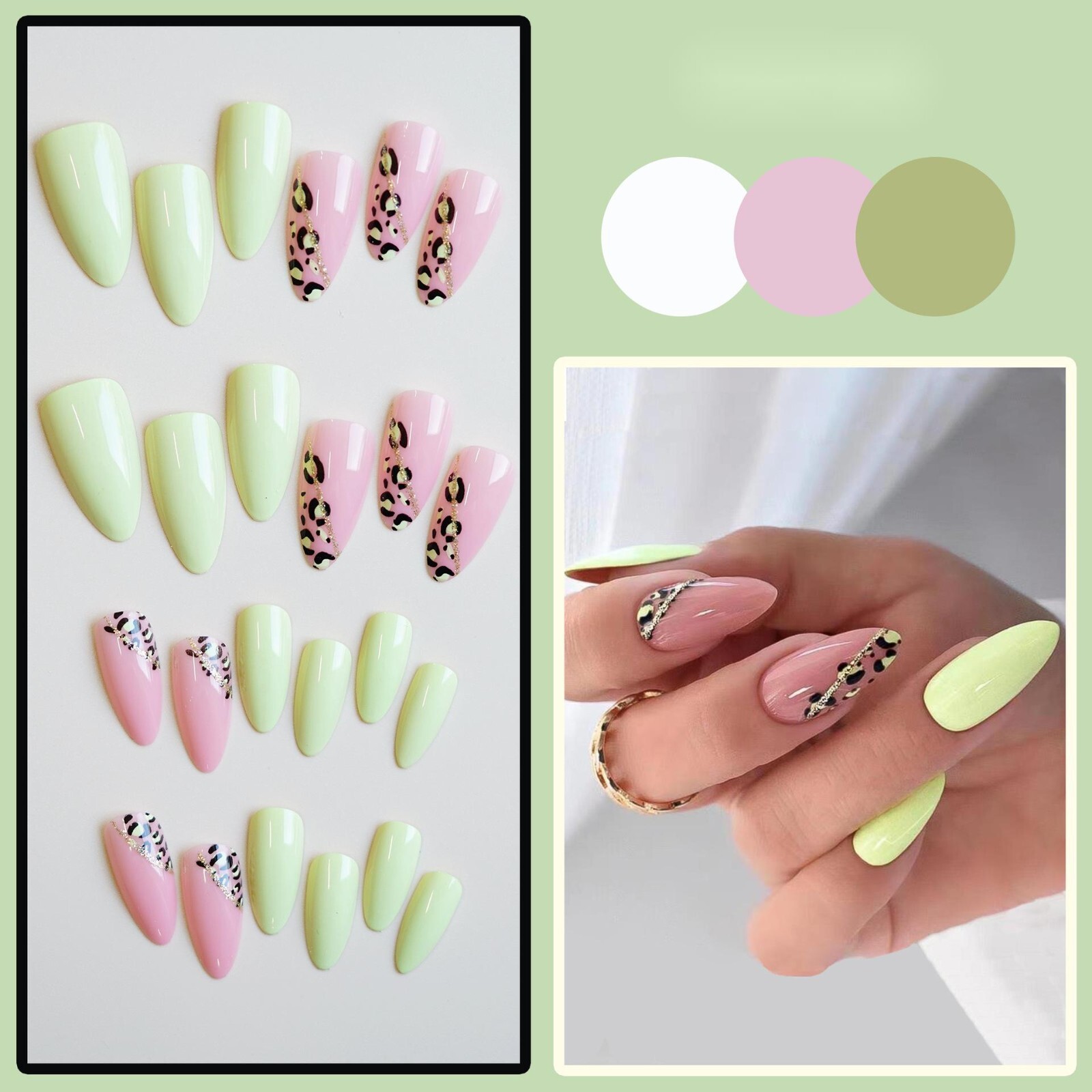 New Year Almond Nails Yellow and green Wearable Nail Tips, 24 Pieces, Gift