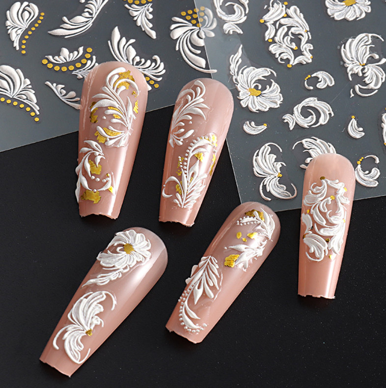 Wedding 5D Nail Stickers Embossed Black & White Cane Vine Decals Art Decora NH7