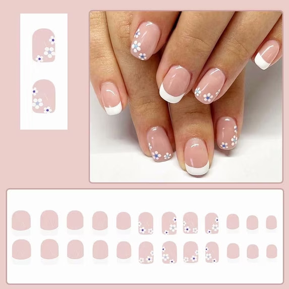 24PCS Fall French Tip Press On Nails Short Square Pink Acrylic False Nails Kit