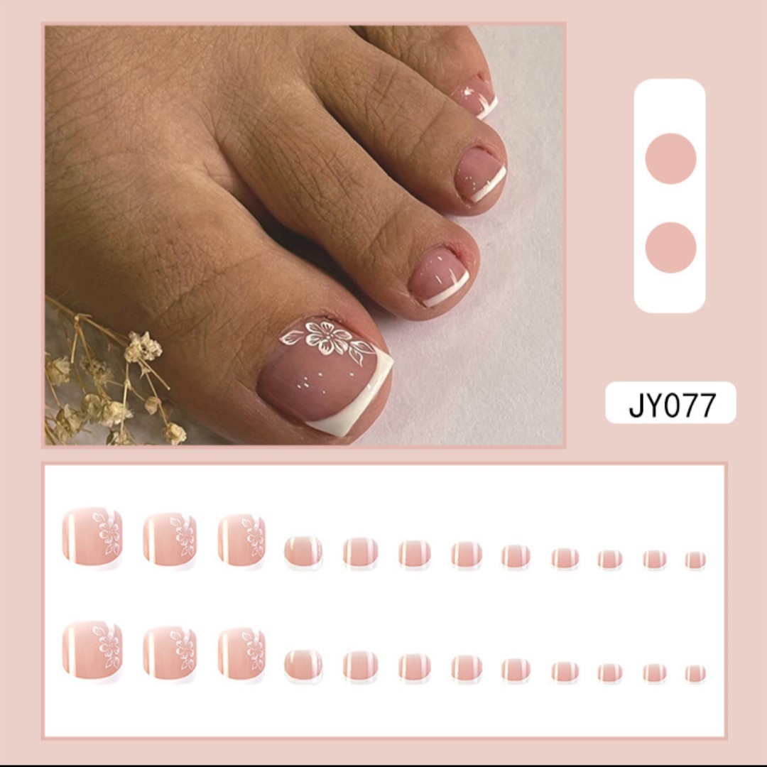 Press On Toenails 24Pcs White Flower French Tip Fake Toe Nail Set Glue