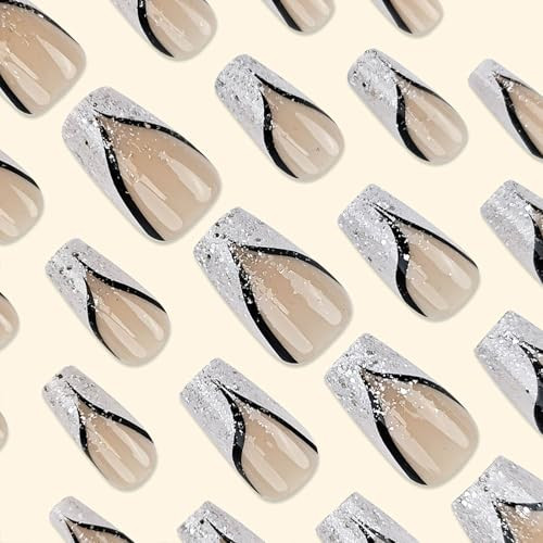 Press on Nails Medium,Square Fake Nails,French Gradient Full Cover style17