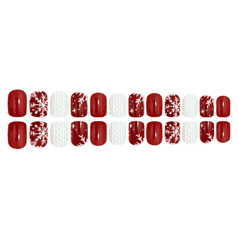 48 Pcs Red White Snowflake Oval Press on Nails, Winter Glossy Nude Fake Nails