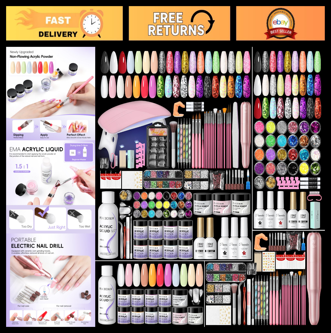 Acrylic Nail Kit for Beginners – 11 Colors Powder, UV Light, Gel Polish & Glitte