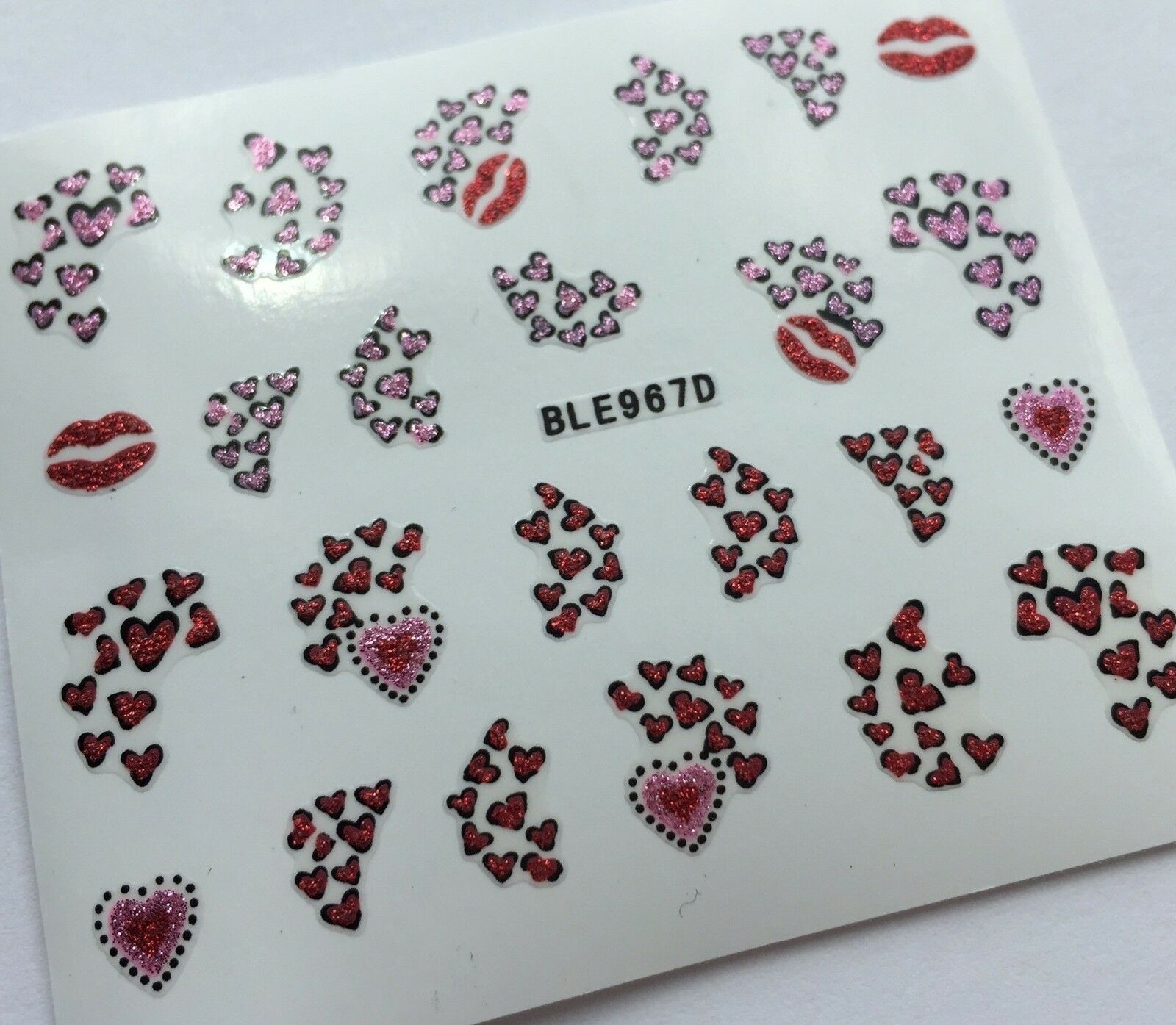 Nail Art 3D Decal Glitter Stickers Valentine’s Day Hearts Kiss BLE967D