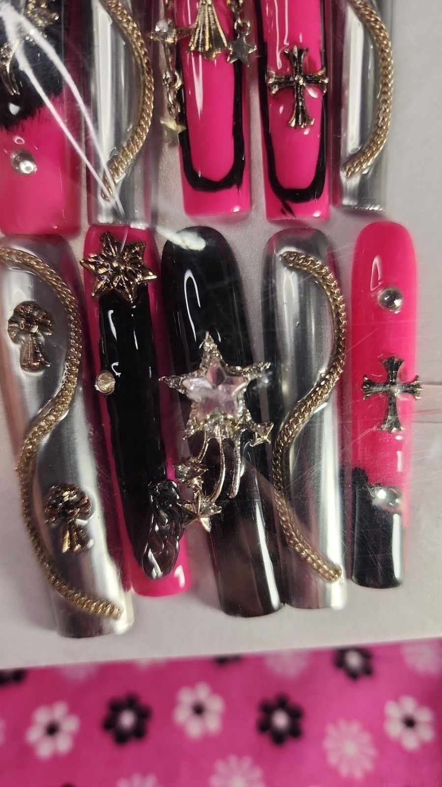 Medium Size Super Long Pink Star Cross Press-on Nail Set