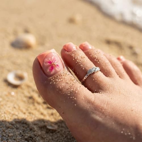 French Tip Press on Toenails Square Fake Toenails with Flower Short Style-3
