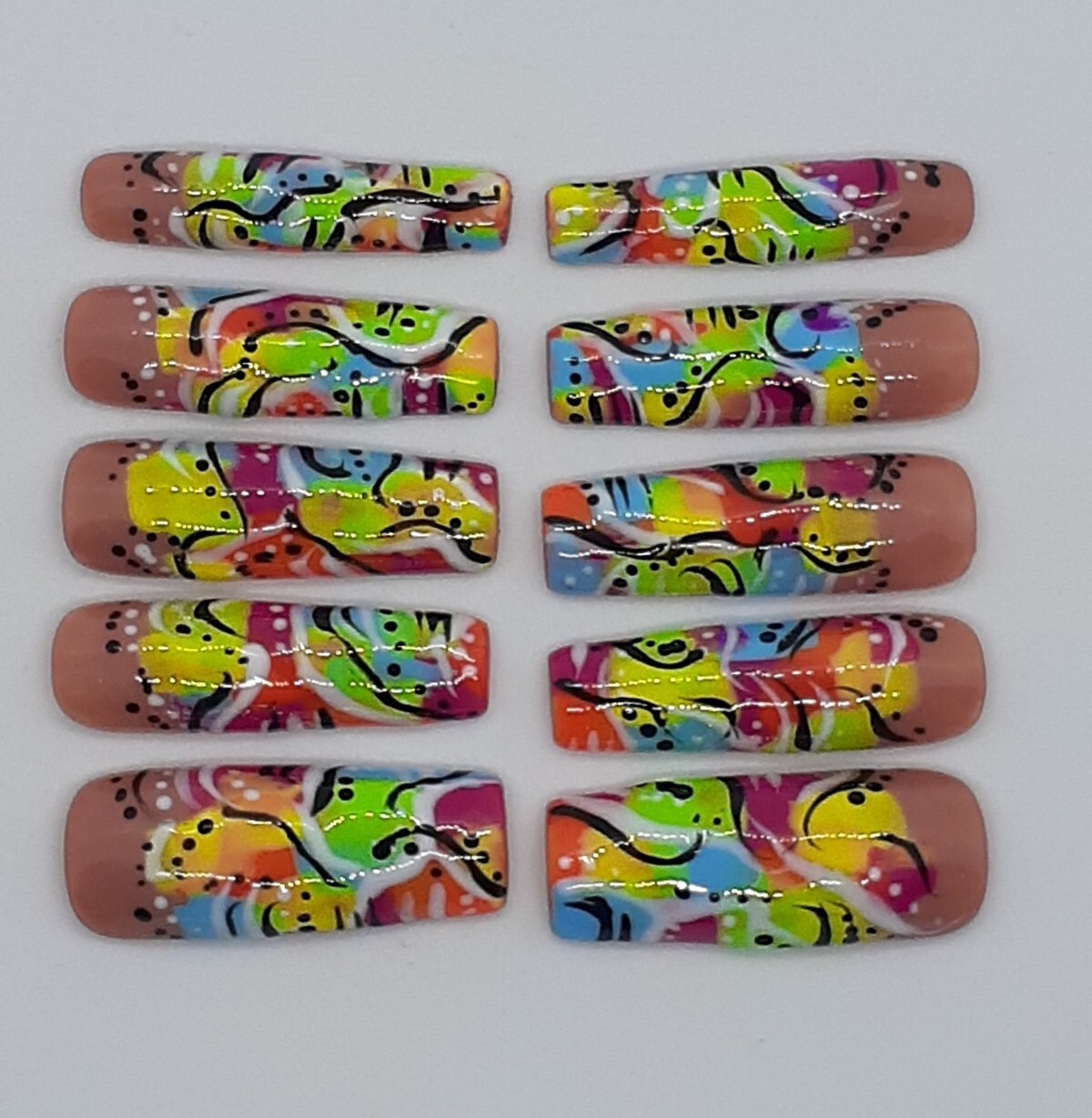 90’s Inspired Neon Long Square Press On Nails, Summer Nails, Freaknik Nails