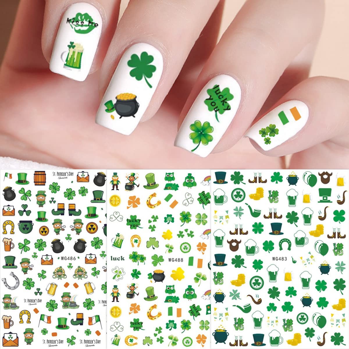 St Patricks Day Nail Art Stickers 3D Shamrock Nail Decals Green Clover Nail S…