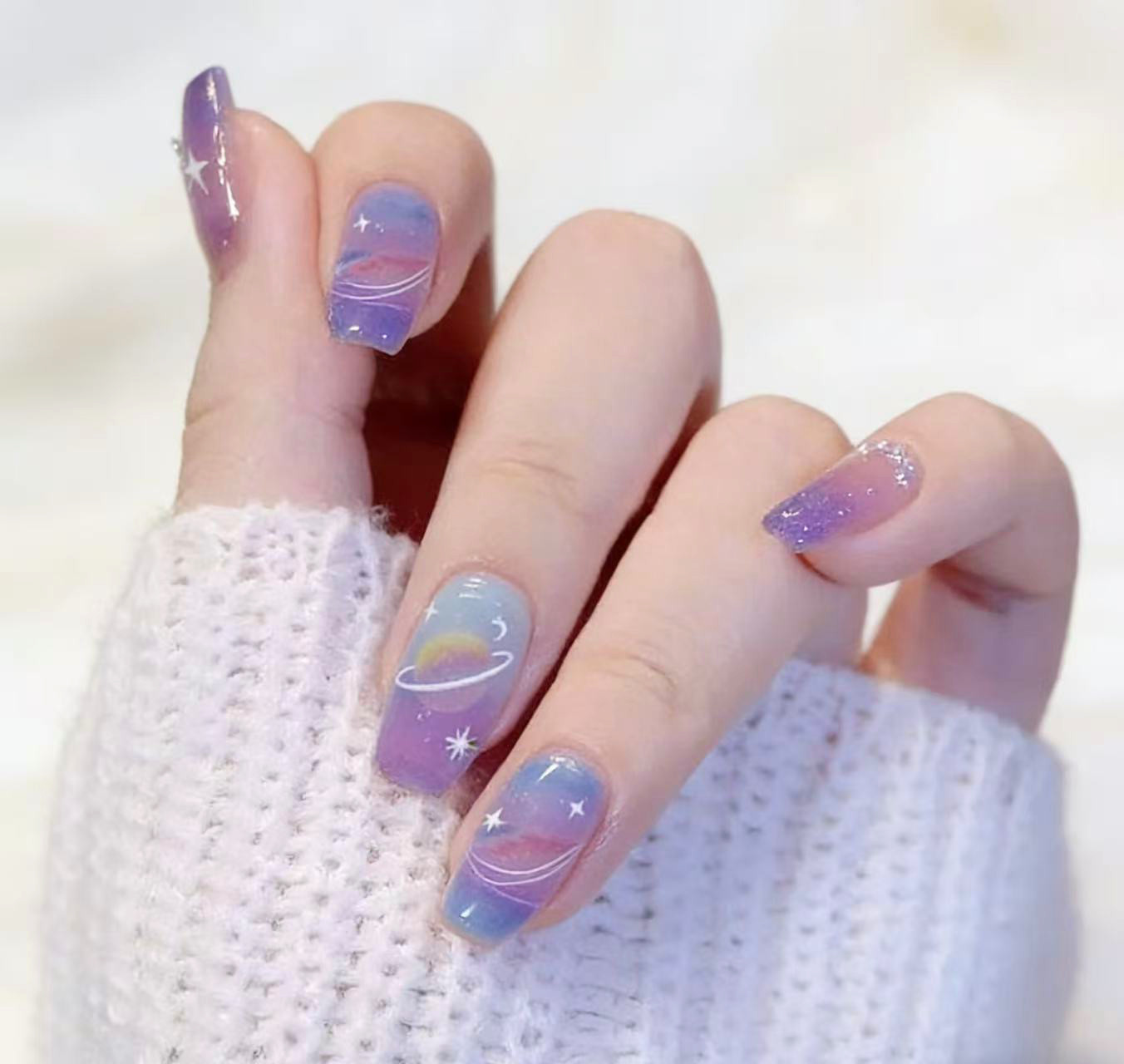 10Pcs Starry Galaxy Short Square Press On Nails One Size Fits Most