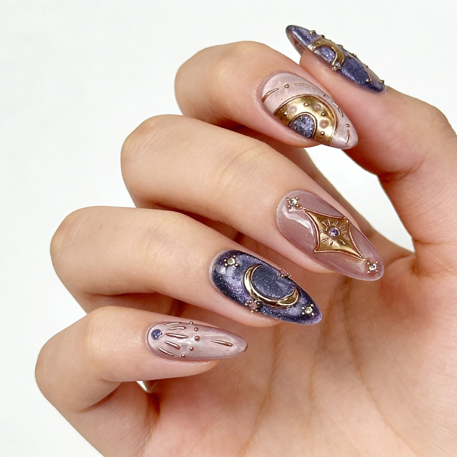 Press On Nails Medium Almond Purple Gold Celestial Moon Star Nail Art Glue Set