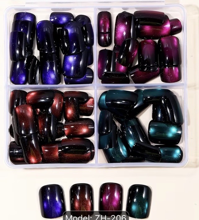 96pcs Short Square Glossy Cat Eye Nail Set Blue, Purple, Pink,Lake Blue Press On