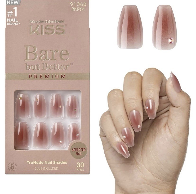 Kiss Bare But Better Premium 30 Medium Nails Pink Gradient Color Glue Included
