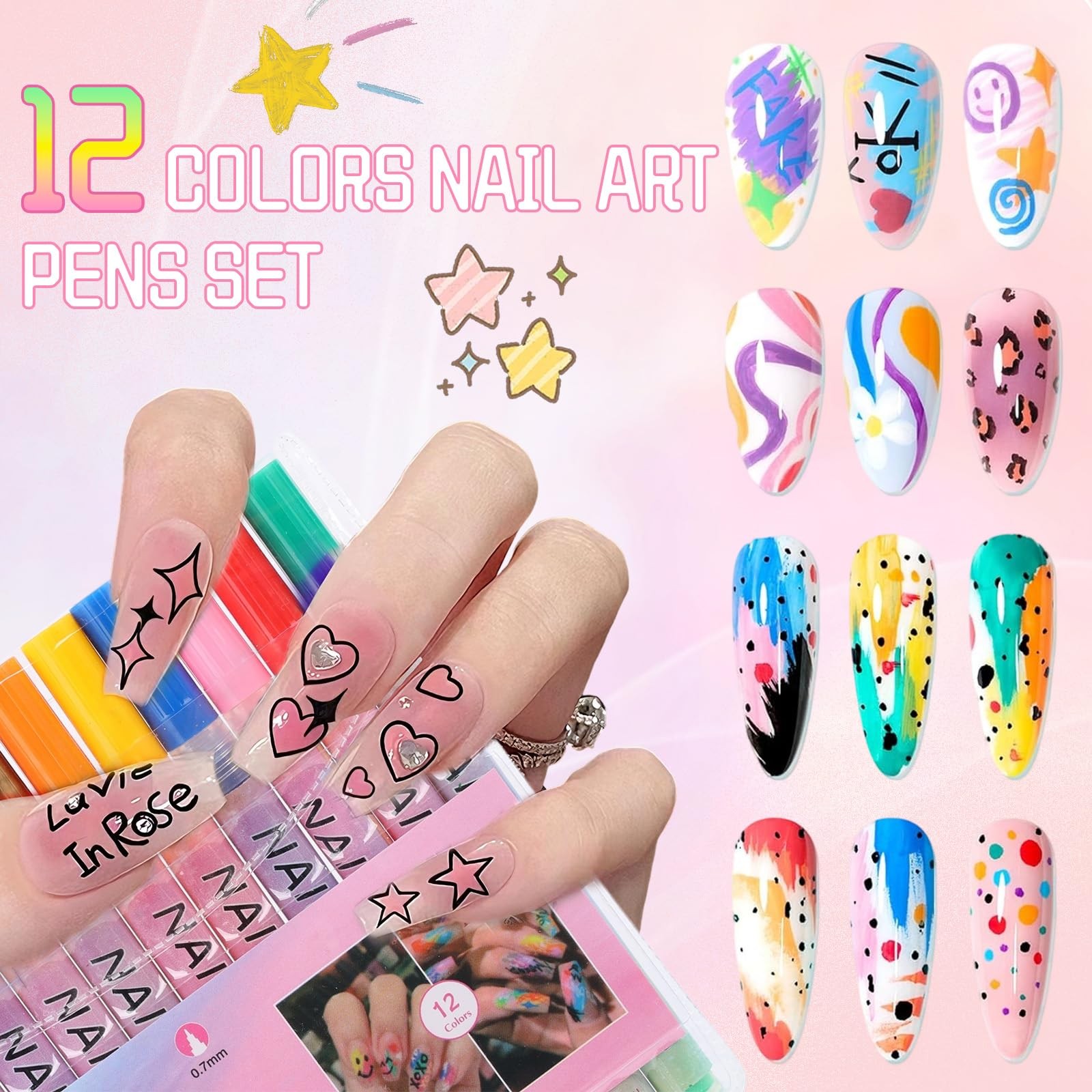 12 Colors Nail Art Pens Set, 3D Nail Polish Pens, Nail Art Pens for Dotting Draw