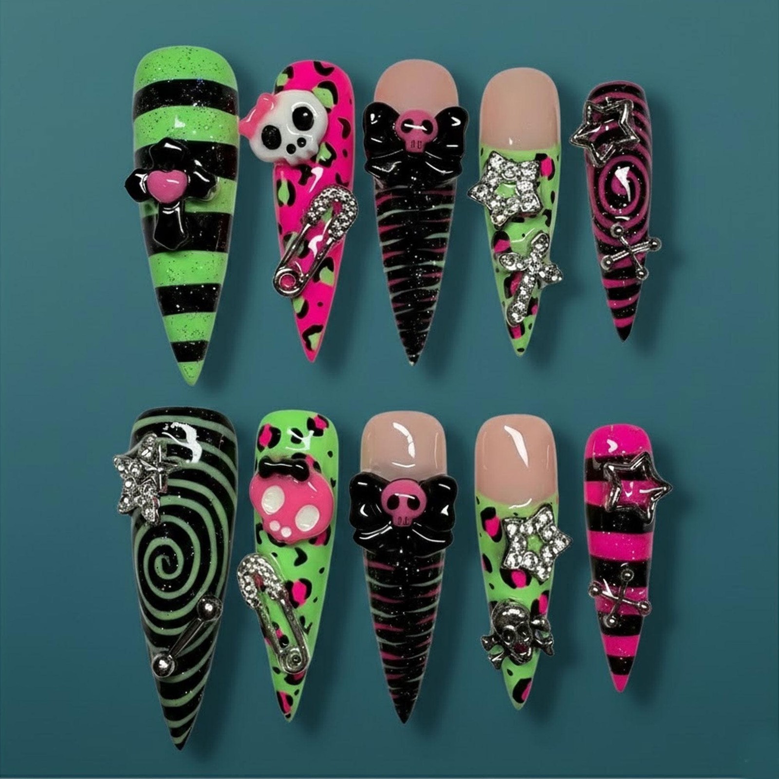 Custom Handmade Halloween Pink Green Skull Leopard Pin Stiletto Press on Nails